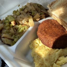 Salmon Patty, eggs, potatoes