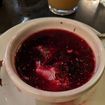Veselka - Borscht $6 - 4 stars. Unexpectedly warm, but very authentic according to my Jewish partner and father in law! Mon dinner 2019-10-21 - Ukrainian Near Me - New York, New York