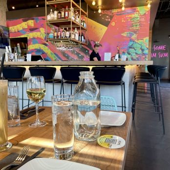 YumCha Beer Garden - View from indoor table w our INCLUDED drinks from their lunch deals! - Asian Fusion Near Me - Denver, Colorado
