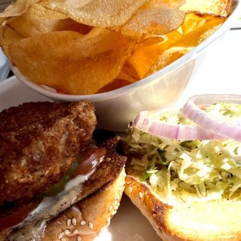 Down On Grayson - Fried Grouper Sandwich with Chips - New American Near Me - San Antonio, Texas Down On Grayson - Fried Grouper Sandwich with Chips - New American Near Me - San Antonio, Texas