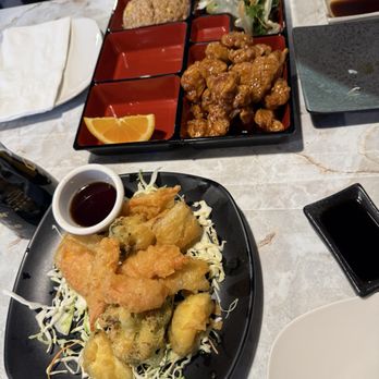 Ayumi - Vegetable Tempura and Orange Chicken. Light batter on both and tasty - Chinese Near Me - Spring Valley, California