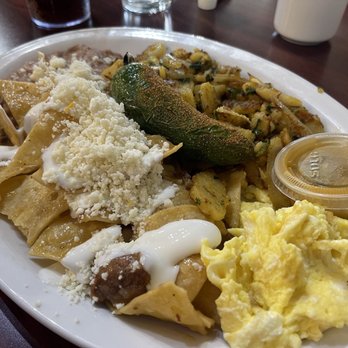 Rodeo Cafe - Chilaquiles rojos with scrambled eggs and rodeo potatoes - Cafes Near Me - Rancho Cucamonga, California Rodeo Cafe - Chilaquiles rojos with scrambled eggs and rodeo potatoes - Cafes Near Me - Rancho Cucamonga, California
