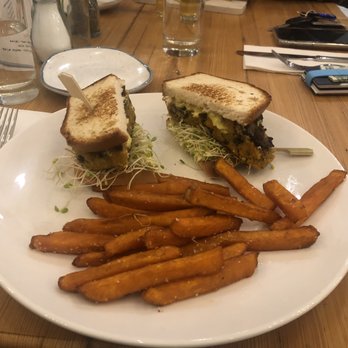 Oh My Darling - Veggie Burger withs weet potato fries. (With a gluten free bun instead of Portuguease muffin) - Breakfast & Brunch Near Me - Syracuse, New York