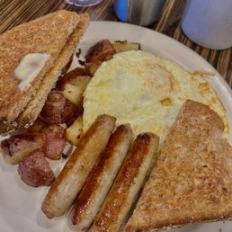Eggs, sausage, and toast Eggs, sausage, and toast