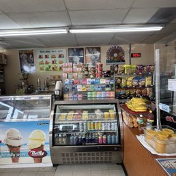 Interior counter with ice cream, and various items for purchase