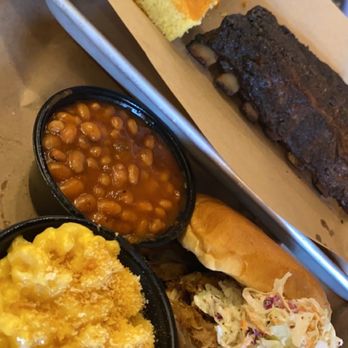 Mission BBQ - Pulled pork sandwich, Mac n cheese, baked beans with brisket, dry rub ribs, and cornbread. - Barbeque Near Me - Nashville, Tennessee