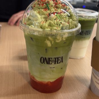 One Tea - Merry Matcha Christmas (matcha latte with strawberry Puree topped with matcha foam & sprinkles) - Bubble Tea Near Me - Temple City, California