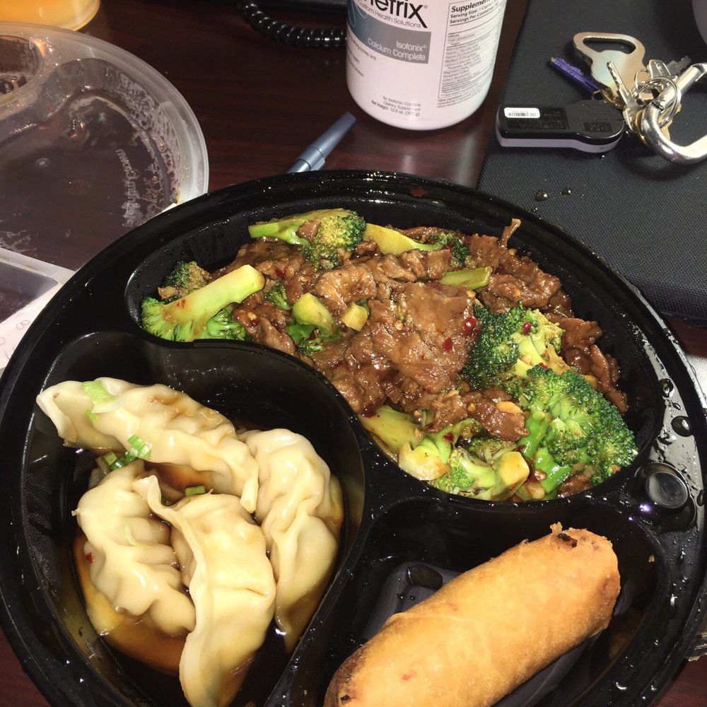 Chopstixx - Beef and broccoli spicy with spring roll and steamed gyoza - Chinese Near Me - Elkridge, Maryland