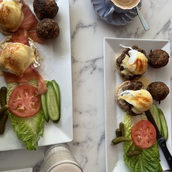 Blue Daisy - Another pic of our eggs Benedict, one with salmon one with sausage. And our drinks - Creperies Near Me - Santa Monica, California Blue Daisy - Another pic of our eggs Benedict, one with salmon one with sausage. And our drinks - Creperies Near Me - Santa Monica, California