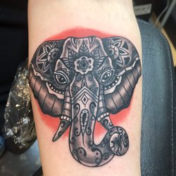 Rock Bottom Tattoo - Custom made elephant on inner forearm