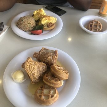 Pancakes & Waffles - Cornbread waffles and fried chicken, and crab cakes, scrambled eggs and fried rice - Breakfast & Brunch Near Me - Honolulu, Hawaii