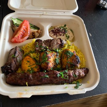 Jerusalem Grill - Jerusalem grill entree, tenderloin beef kabob, kefta kabob, and chicken breast kabob, served with rice and hummus - Mediterranean Near Me - Chicago, Illinois