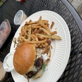 Oak + Almond - Grass Fed Lamb Burger - fab! and the fries were awesome too. - New American Near Me - Norwalk, Connecticut Oak + Almond - Grass Fed Lamb Burger - fab! and the fries were awesome too. - New American Near Me - Norwalk, Connecticut