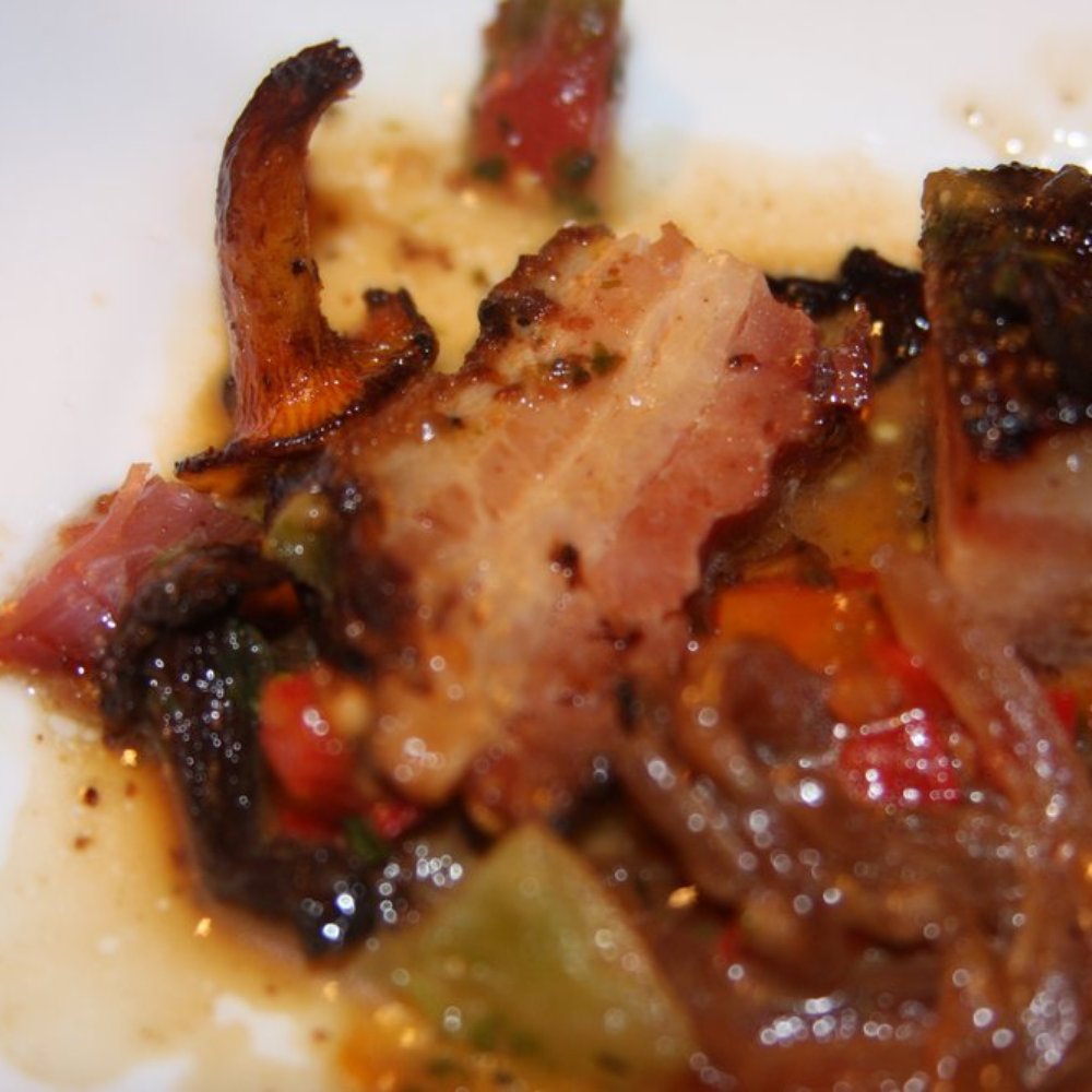 New Rivers - pork belly w/ shittake mushroom, carmelized onion, zuchini, red pepper - New American Near Me - Providence, Rhode Island New Rivers - pork belly w/ shittake mushroom, carmelized onion, zuchini, red pepper - New American Near Me - Providence, Rhode Island