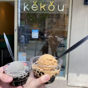 Kekou - Black sesame and HK milk tea tapioca ice cream float. - Bubble Tea Near Me - Toronto, Ontario
