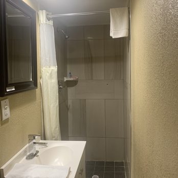 Relax Inn - Dark bathroom with little space between wall and sink. Mirror too high and no counter space - Hotels Near Me - Bryson City, North Carolina Relax Inn - Dark bathroom with little space between wall and sink. Mirror too high and no counter space - Hotels Near Me - Bryson City, North Carolina
