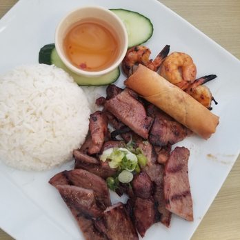 DT Noodle - Bbq pork rice plate with shrimp and eggroll. - Vietnamese Near Me - Roseville, California
