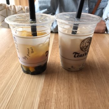 Teas'n You - Mango Tango tea with black boba (left) and honey green milk tea with white boba (right) - Bubble Tea Near Me - Vienna, Virginia