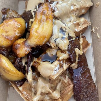 Jam Cafe - Fat evils : peanut butter waffles with bacon and caramelized bananas - Breakfast & Brunch Near Me - Victoria, British Columbia Jam Cafe - Fat evils : peanut butter waffles with bacon and caramelized bananas - Breakfast & Brunch Near Me - Victoria, British Columbia