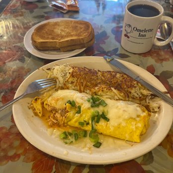 Omelette Inn - Santa Fe Omelette with pulled chicken, Monterey cheese, salsa. Sour dough bread. - Breakfast & Brunch Near Me - Long Beach, California Omelette Inn - Santa Fe Omelette with pulled chicken, Monterey cheese, salsa. Sour dough bread. - Breakfast & Brunch Near Me - Long Beach, California