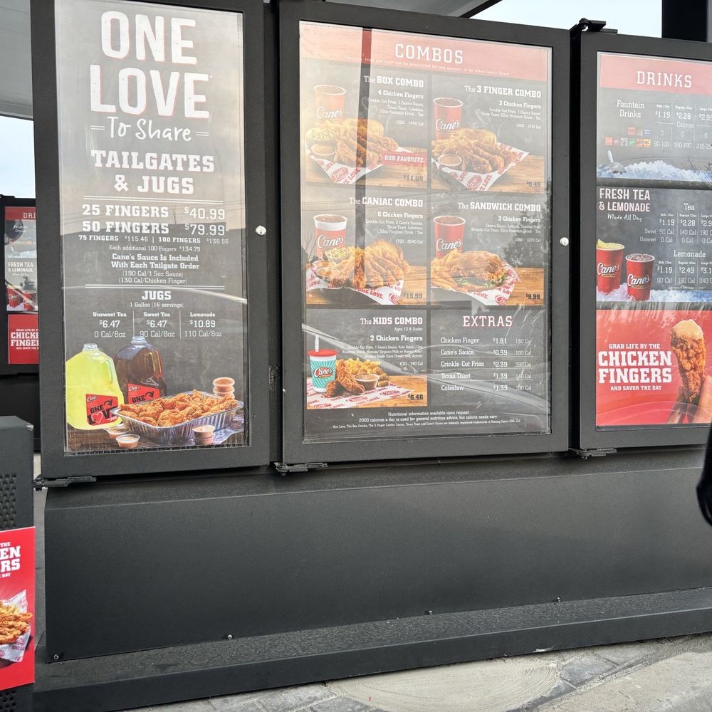 Raising Cane's Chicken Fingers - Drive thru menu and ordering station - Fast Food Near Me - Greendale, Wisconsin Raising Cane's Chicken Fingers - Drive thru menu and ordering station - Fast Food Near Me - Greendale, Wisconsin