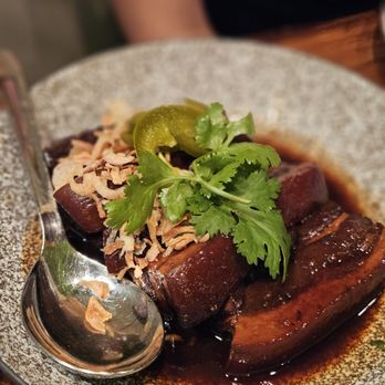 Chalong - Moo Hong (Phuket Style Stewed Pork Belly) - 6 hrs. Braised pork belly with soy wine and Thai spices, fried shallots, and pickled jalapenos - Thai Near Me - New York, New York Chalong - Moo Hong (Phuket Style Stewed Pork Belly) - 6 hrs. Braised pork belly with soy wine and Thai spices, fried shallots, and pickled jalapenos - Thai Near Me - New York, New York