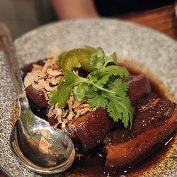 Chalong - Moo Hong (Phuket Style Stewed Pork Belly) - 6 hrs. Braised pork belly with soy wine and Thai spices, fried shallots, and pickled jalapenos