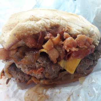 Nessy Burgers - Plain double nessy with grilled onions and bacon - Burgers Near Me - Fallbrook, California
