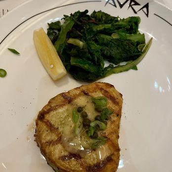 Avra Beverly Hills - Swordfish with sautéed Swiss Chard (substituted warm potato salad) - Greek Near Me - Beverly Hills, California Avra Beverly Hills - Swordfish with sautéed Swiss Chard (substituted warm potato salad) - Greek Near Me - Beverly Hills, California