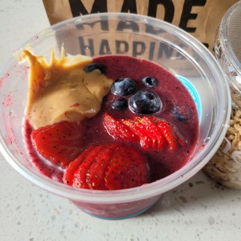 Nekter Juice Bar - Upclose Acai berry bowl no banana inside or on top with added peanut butter and granola on the side - Juice Bars & Smoothies Near Me - Whittier, California