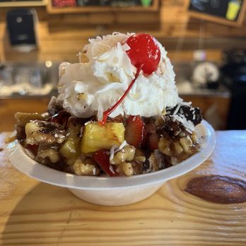Hart's General Store and Creamery - Paradise sundae (cow kisses ice cream, strawberries, pineapple, coconut flakes, caramel drizzle, whip cream, wet walnuts, cherry) - Ice Cream & Frozen Yogurt Near Me - Lenoir, North Carolina Hart's General Store and Creamery - Paradise sundae (cow kisses ice cream, strawberries, pineapple, coconut flakes, caramel drizzle, whip cream, wet walnuts, cherry) - Ice Cream & Frozen Yogurt Near Me - Lenoir, North Carolina