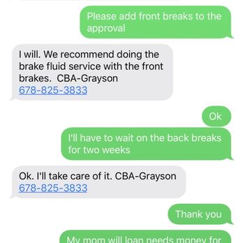 Christian Brothers Automotive Grayson - Text message from Christian Bothers. I accepted everything except breaks then added minutes later. - Auto Repair Near Me - Grayson, Georgia