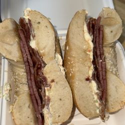 Liam’s Market and Bagels - Sesame bagel with veggie cream cheese, pork roll & bacon