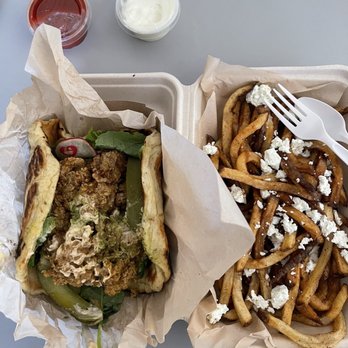 Dune - 9/12/21: Fried Chicken "Shawarma" Sandwich and French Fries with feta cheese - Falafel Near Me - Los Angeles, California