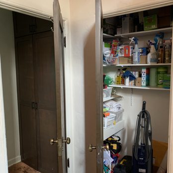 One Week Bath - Left: used to be a cabinet that held a stackable washer dryer. Now new laundry room. Closet on right is now the blue and white powder room - General Contractors Near Me - Van Nuys, California