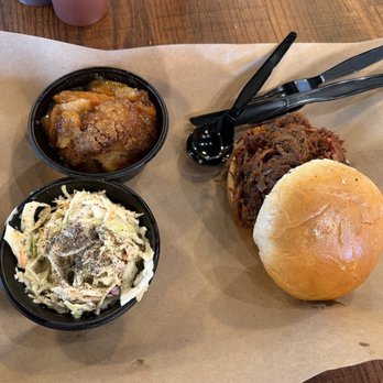 Mission BBQ - Chopped brisket sandwich, slaw, peach cobbler. - Barbeque Near Me - Raleigh, North Carolina Mission BBQ - Chopped brisket sandwich, slaw, peach cobbler. - Barbeque Near Me - Raleigh, North Carolina