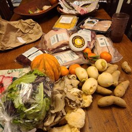 Vegetables, cheese and meat. Check out the unusual array of mushrooms