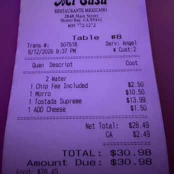 Mi Casa Restaurante Mexicano - This is what it would be for 2 people without drinks - Mexican Near Me - Morro Bay, California Mi Casa Restaurante Mexicano - This is what it would be for 2 people without drinks - Mexican Near Me - Morro Bay, California