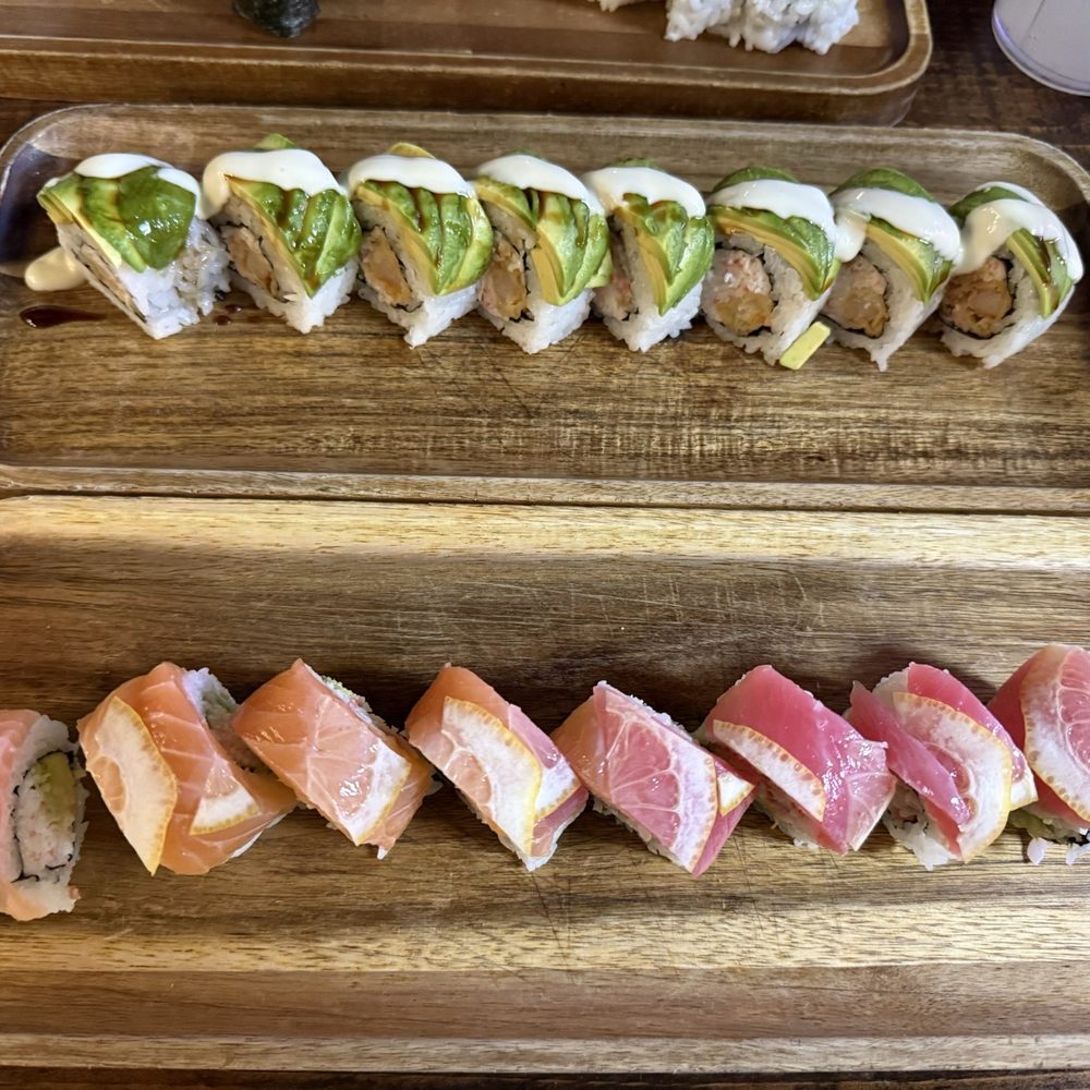 Sushi King - Top is green dragon roll, bottom is half & half - Sushi Bars Near Me - Fairfield, California Sushi King - Top is green dragon roll, bottom is half & half - Sushi Bars Near Me - Fairfield, California