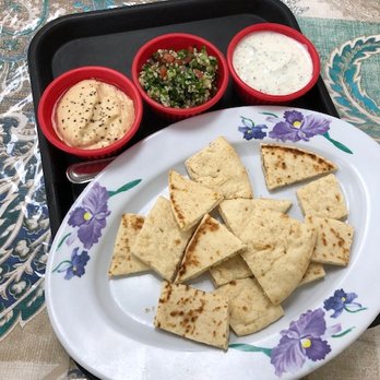 Alfred's Mediterranean Grill - Tabouli hummis and cucumber Yogurt with pita - Mediterranean Near Me - Tulsa, Oklahoma