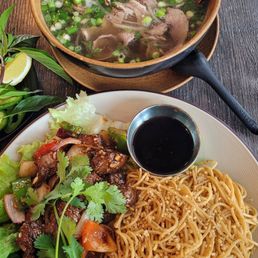 Pho on top and shaking beef with garlic noodles on bottom