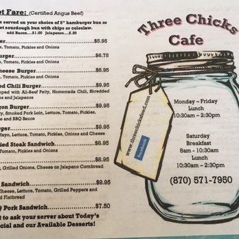 Three Chicks Feed, Seed & Cafe - Front of menu; back has was more options! - Cafes Near Me - Texarkana, Arkansas Three Chicks Feed, Seed & Cafe - Front of menu; back has was more options! - Cafes Near Me - Texarkana, Arkansas