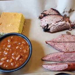 Brisket, smoked sausage, baked beans and corn bread Brisket, smoked sausage, baked beans and corn bread