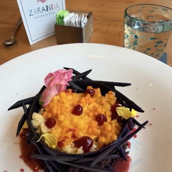 Zaranda - Dark chocolate dessert with passion fruit mousse and berry bursting pearls, decadent! - Mexican Near Me - Houston, Texas Zaranda - Dark chocolate dessert with passion fruit mousse and berry bursting pearls, decadent! - Mexican Near Me - Houston, Texas