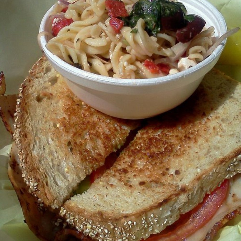 Paradise Melts - Cali Melt (turkey, avocado, tomato, havarti) with a side of pasta salad - Food Trucks Near Me Paradise Melts - Cali Melt (turkey, avocado, tomato, havarti) with a side of pasta salad - Food Trucks Near Me