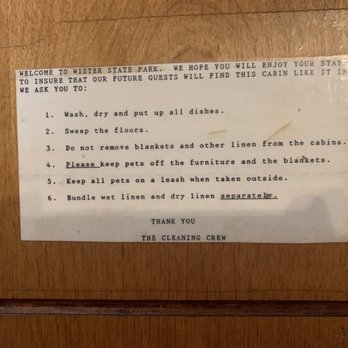 Lake Wister State Park - A sign to tell you how to clean the cabin. Ha!!!!! - Parks Near Me - Wister, Oklahoma