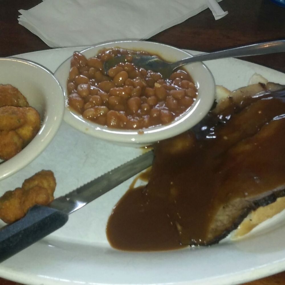 Brock's Bar-B-Que - Lunch special. Open faced brisket sandwich with two sides: fried okra and baked beans. - Barbeque Near Me - Chester, Virginia Brock's Bar-B-Que - Lunch special. Open faced brisket sandwich with two sides: fried okra and baked beans. - Barbeque Near Me - Chester, Virginia