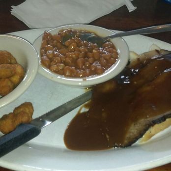 Brock's Bar-B-Que - Lunch special. Open faced brisket sandwich with two sides: fried okra and baked beans. - Barbeque Near Me - Chester, Virginia Brock's Bar-B-Que - Lunch special. Open faced brisket sandwich with two sides: fried okra and baked beans. - Barbeque Near Me - Chester, Virginia