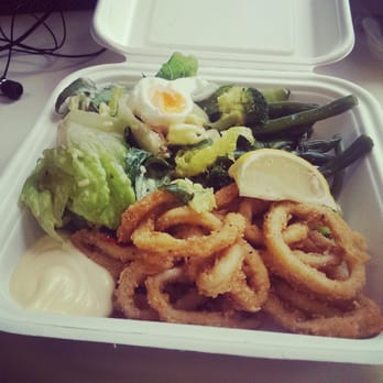 The Cutting Board - calamari w/ aioli and caesar salad and steamed veg - Coffee & Tea Near Me - Brisbane, QLD