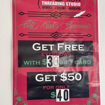 Eyebrow Threading Studio - Gift card service
Buy $30 eyebrow free 
Buy $50 pay $40 
Buy $100 pay $75 - Eyelash Service Near Me - Addison, Illinois